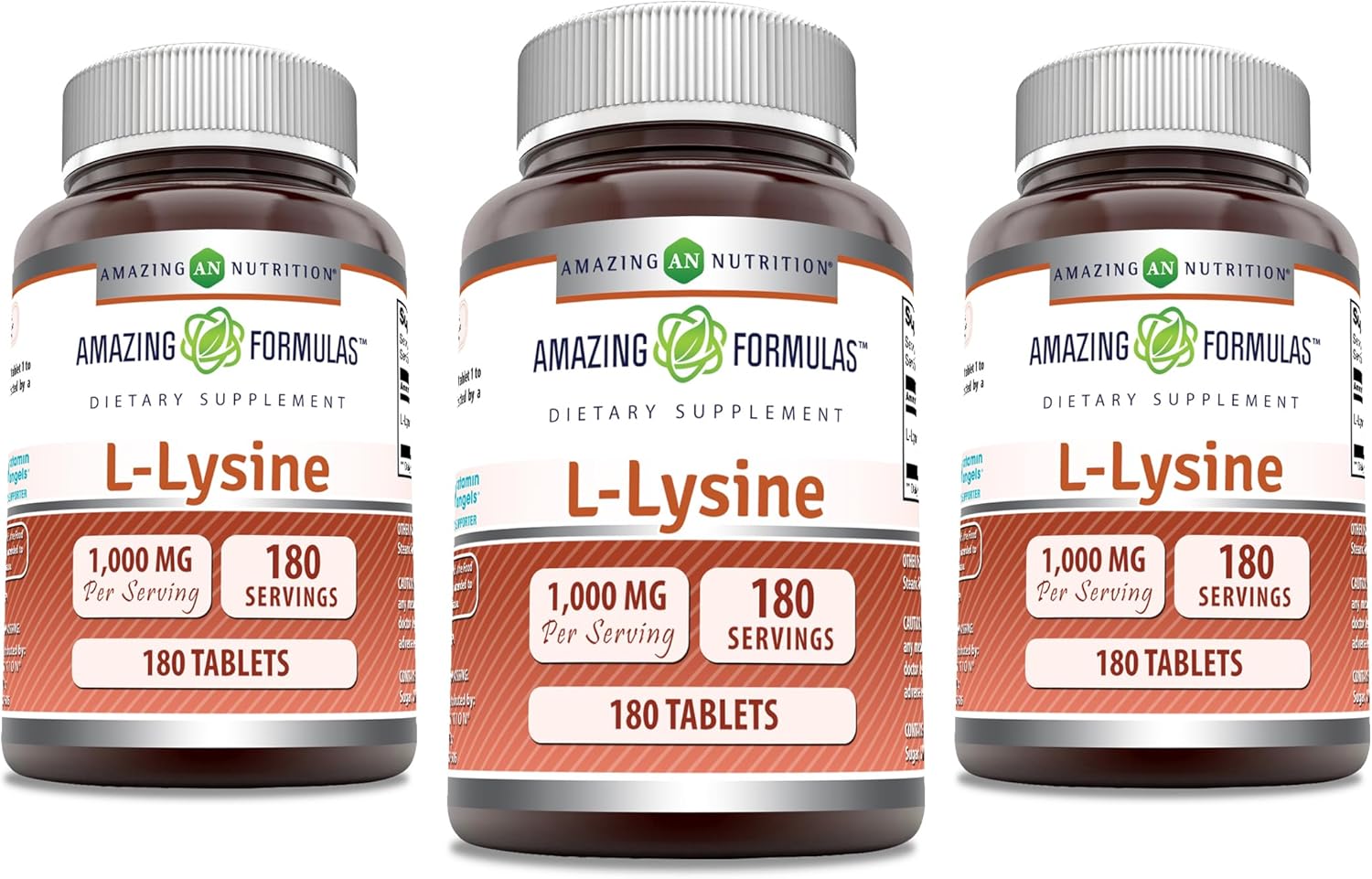 High-Quality L-Lysine 1000mg Amino Acid Tablets - Non-GMO, Gluten Free, Made in USA - 180 Tablets (3 Pack) by Amazing Nutrition