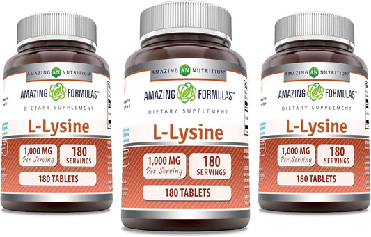 High-Quality L-Lysine 1000mg Amino Acid Tablets - Non-GMO, Gluten Free, Made in USA - 180 Tablets (3 Pack) by Amazing Nutrition