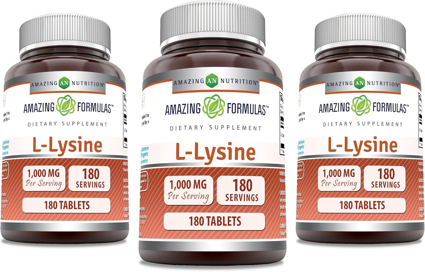 High-Quality L-Lysine 1000mg Amino Acid Tablets - Non-GMO, Gluten Free, Made in USA - 180 Tablets (3 Pack) by Amazing Nutrition
