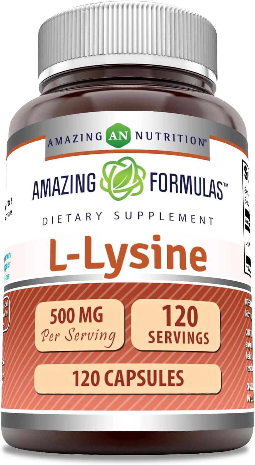 High Quality L-Lysine 500mg Capsules - Essential Amino Acid Supplement for Immune Support - Non-GMO, Gluten Free - 120 Count - Made in USA by Amazing Nutrition