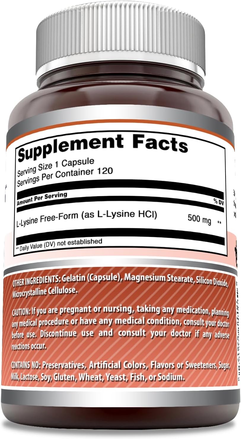 High Quality L-Lysine 500mg Capsules - Essential Amino Acid Supplement for Immune Support - Non-GMO, Gluten Free - 120 Count - Made in USA by Amazing Nutrition
