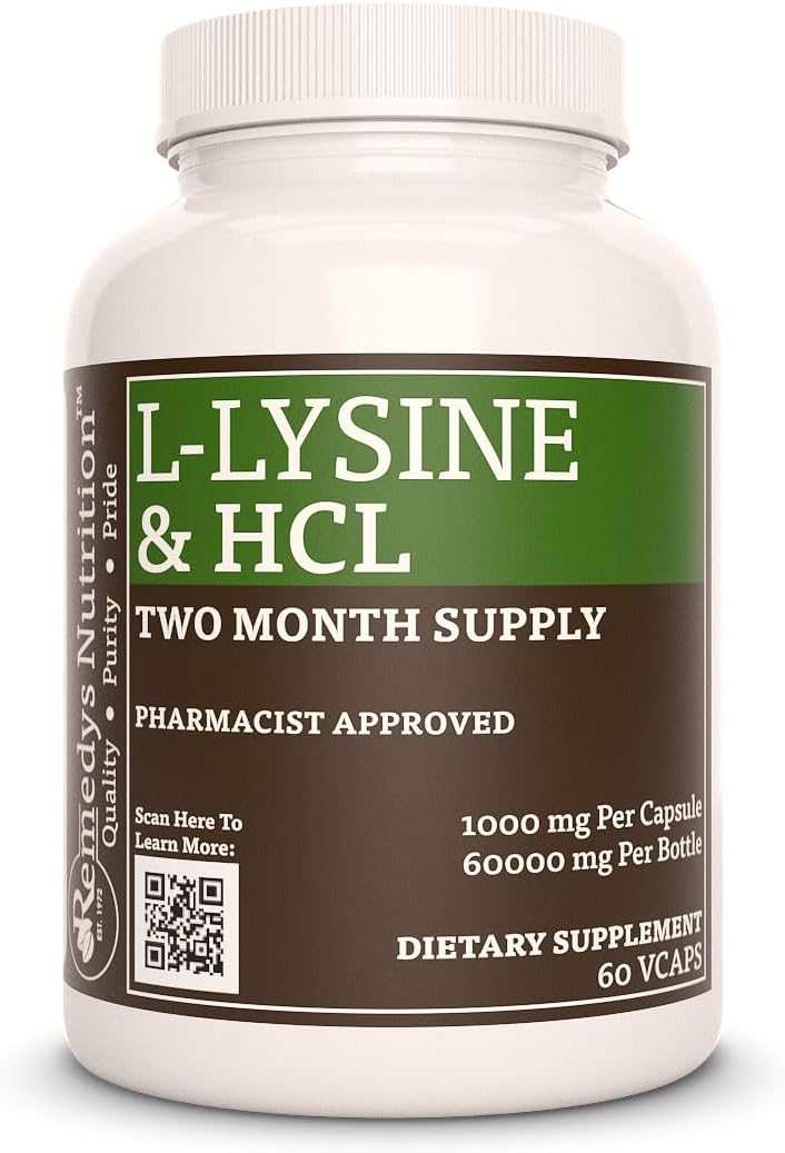 High-Quality L-Lysine HCL 1,000mg Vegan Capsules - 60 Count | Amino Acid Supplement | Non-GMO & Gluten-Free | Two Month Supply