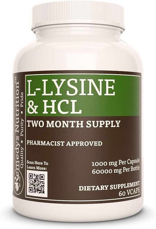 High-Quality L-Lysine HCL 1,000mg Vegan Capsules - 60 Count | Amino Acid Supplement | Non-GMO & Gluten-Free | Two Month Supply