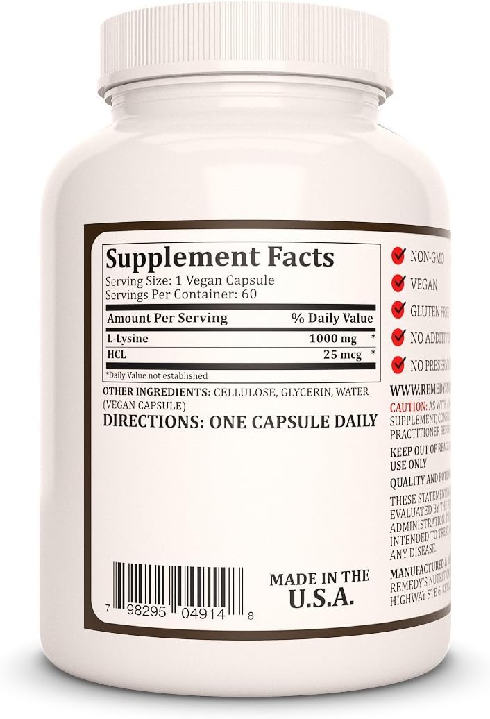 High-Quality L-Lysine HCL 1,000mg Vegan Capsules - 60 Count | Amino Acid Supplement | Non-GMO & Gluten-Free | Two Month Supply
