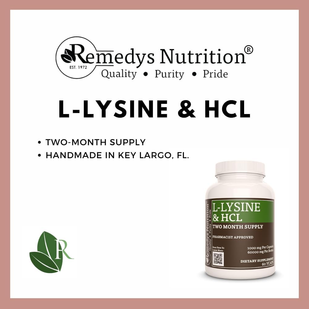 High-Quality L-Lysine HCL 1,000mg Vegan Capsules - 60 Count | Amino Acid Supplement | Non-GMO & Gluten-Free | Two Month Supply