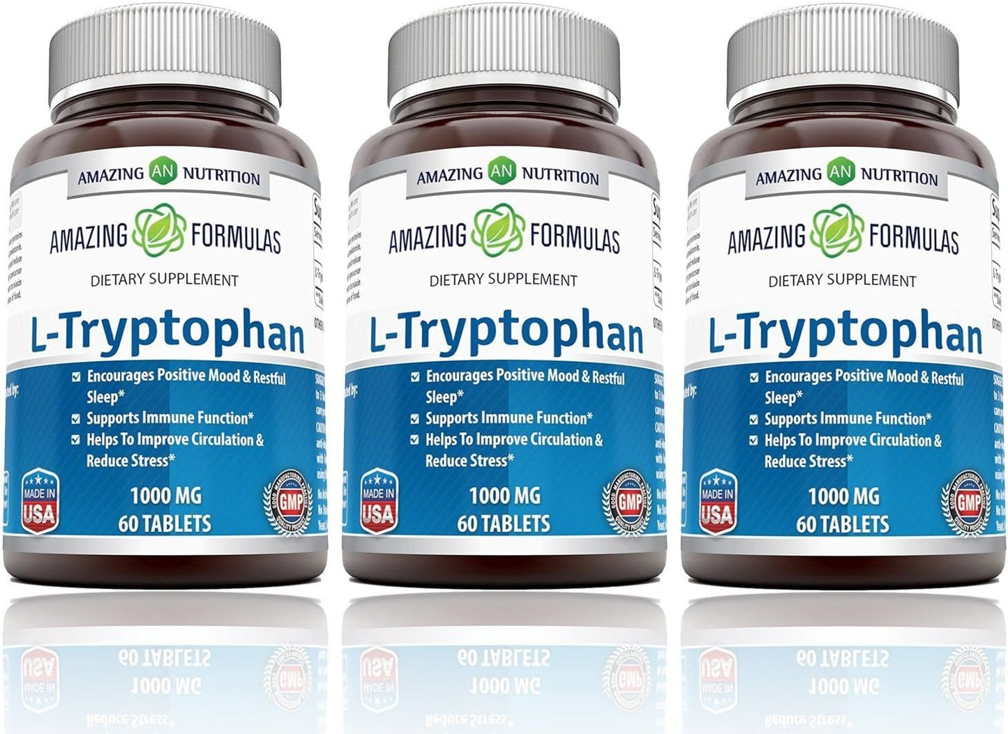 High-Quality L-Tryptophan 1000mg Tablets Supplement - Non-GMO, Gluten Free - Made in USA (60 Count, 3 Pack) by Amazing Nutrition