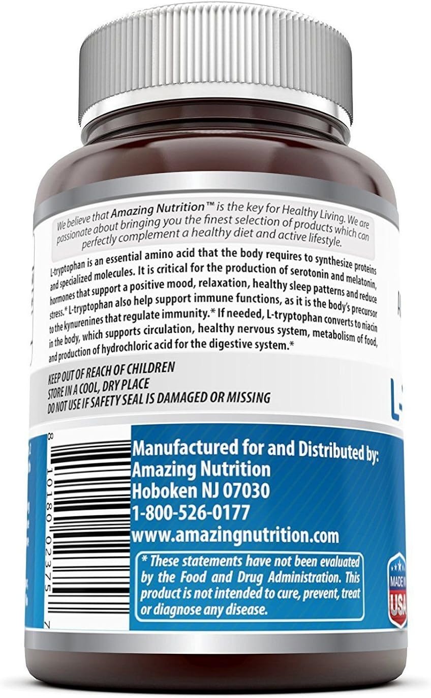 High-Quality L-Tryptophan 1000mg Tablets Supplement - Non-GMO, Gluten Free - Made in USA (60 Count, 3 Pack) by Amazing Nutrition