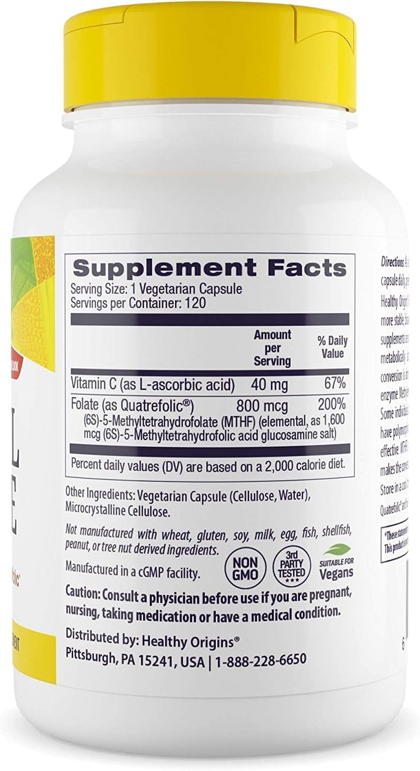 High-Quality Methyl Folate (Quatrefolic) 800mcg Capsules - Vegan, Non-GMO, Gluten-Free Folate Supplement - 120 Veggie Caps