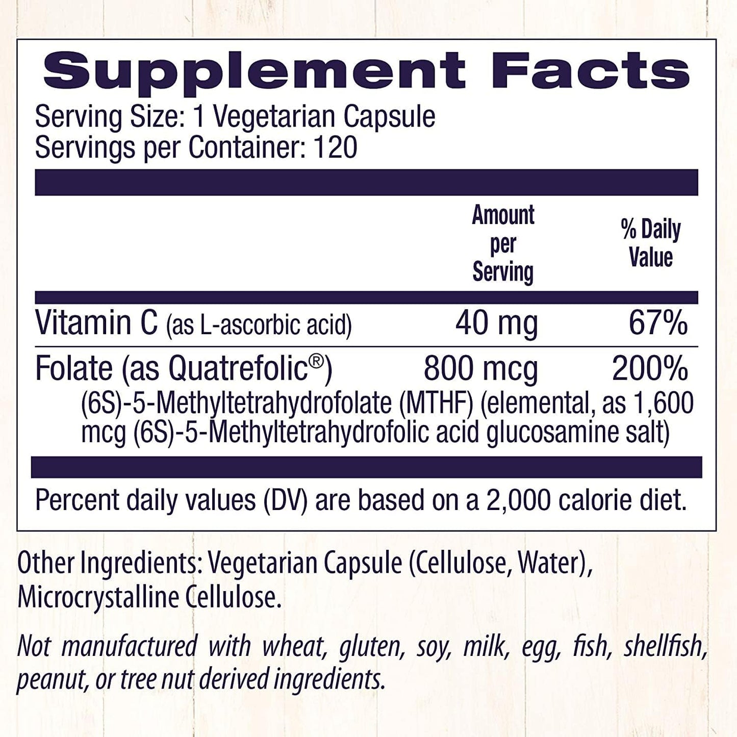 High-Quality Methyl Folate (Quatrefolic) 800mcg Capsules - Vegan, Non-GMO, Gluten-Free Folate Supplement - 120 Veggie Caps