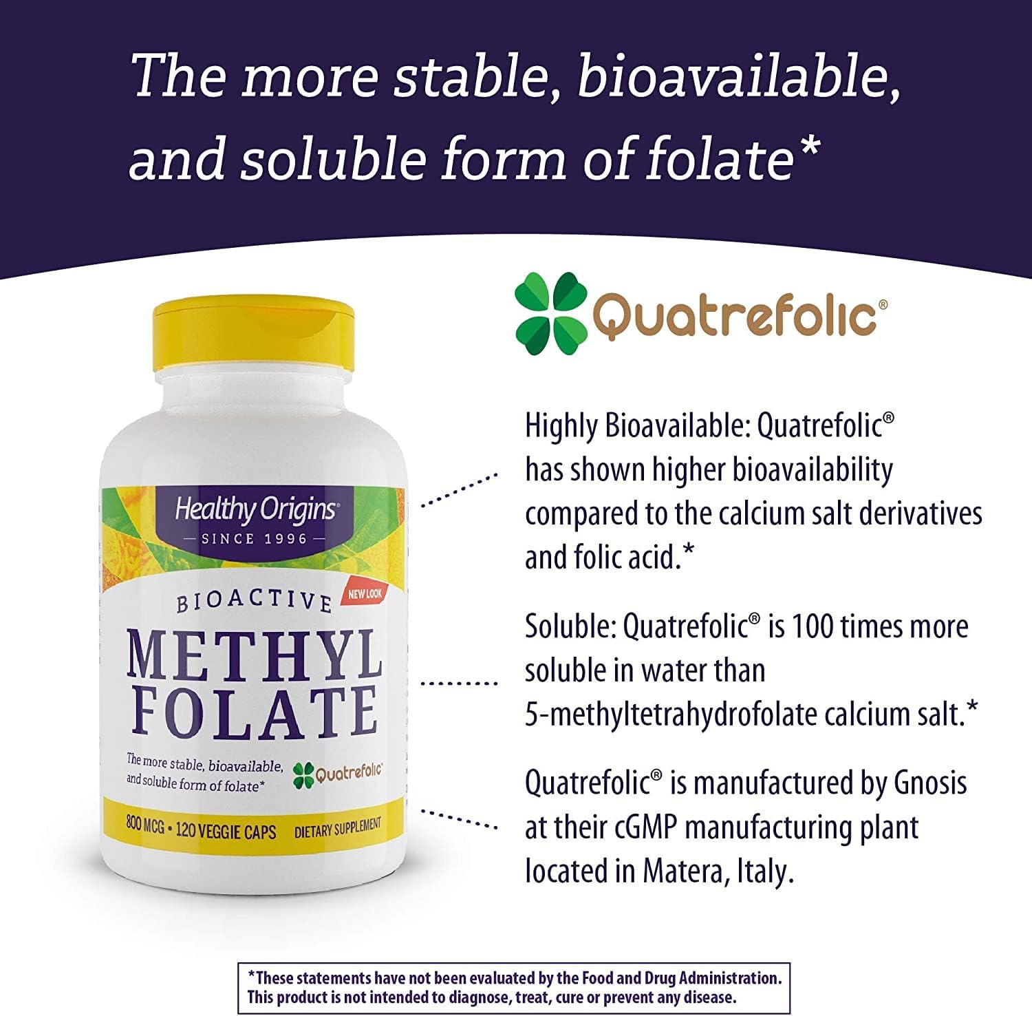High-Quality Methyl Folate (Quatrefolic) 800mcg Capsules - Vegan, Non-GMO, Gluten-Free Folate Supplement - 120 Veggie Caps
