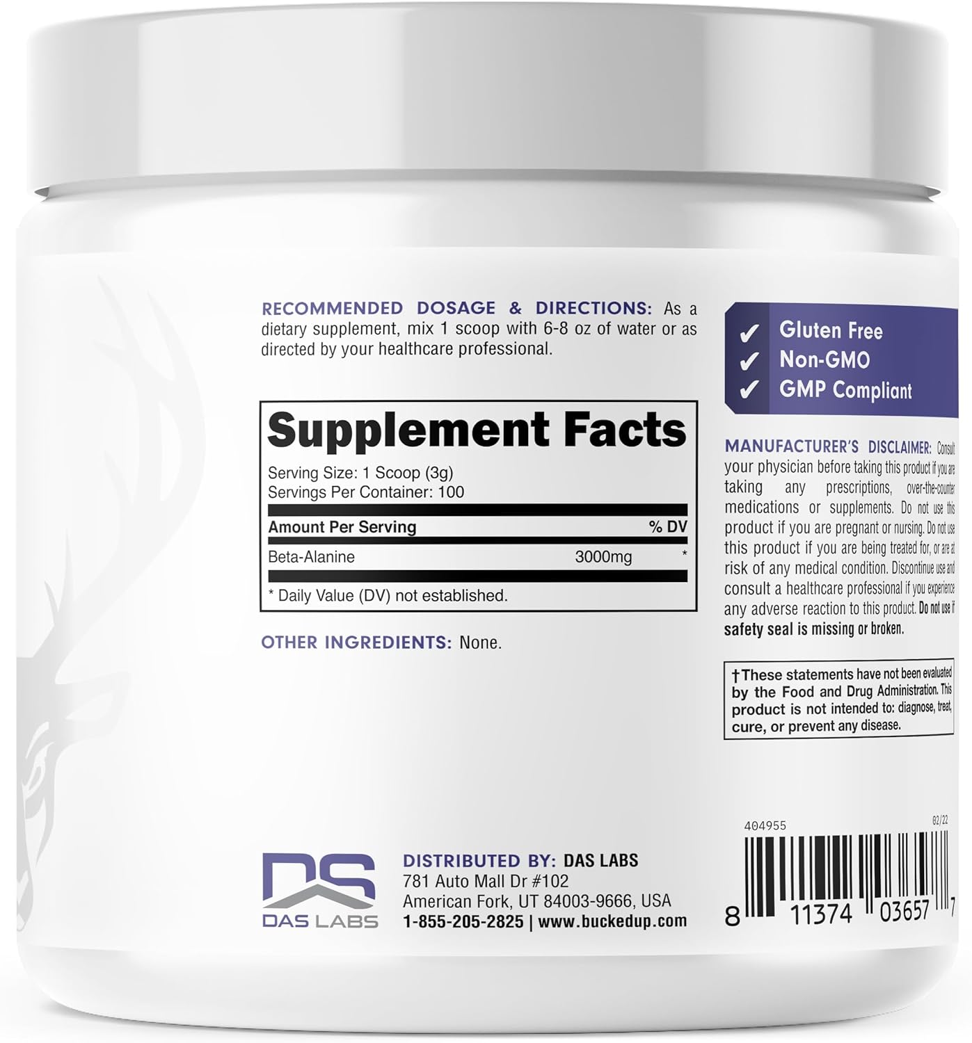 High-Quality Non-GMO Bucked Up Beta Alanine Powder - 300mg, Gluten-Free, Unflavored (100 Servings) for Improved Performance