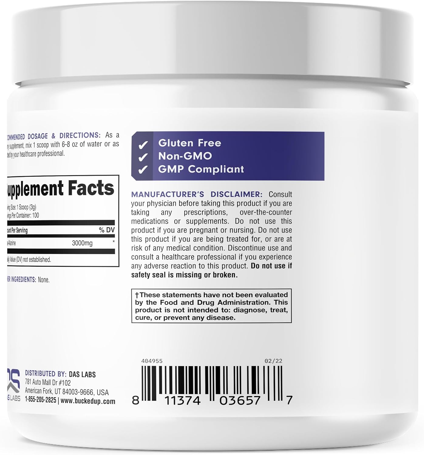 High-Quality Non-GMO Bucked Up Beta Alanine Powder - 300mg, Gluten-Free, Unflavored (100 Servings) for Improved Performance