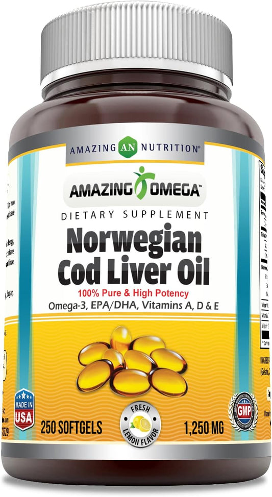 High-Quality Norwegian Cod Liver Oil Softgels with Omega-3, EPA, DHA, Vitamin A, D, & E | Lemon Flavor | 250 Count Bottle