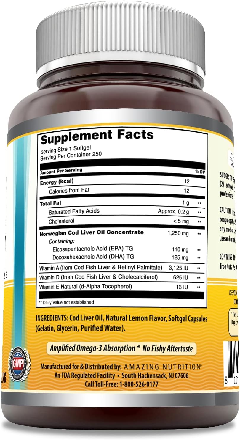 High-Quality Norwegian Cod Liver Oil Softgels with Omega-3, EPA, DHA, Vitamin A, D, & E | Lemon Flavor | 250 Count Bottle