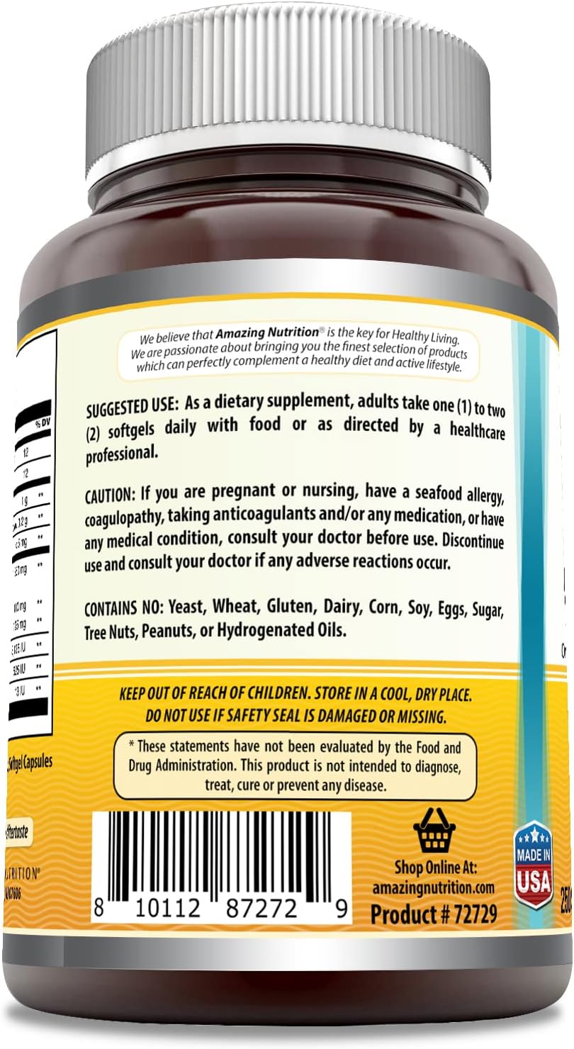 High-Quality Norwegian Cod Liver Oil Softgels with Omega-3, EPA, DHA, Vitamin A, D, & E | Lemon Flavor | 250 Count Bottle