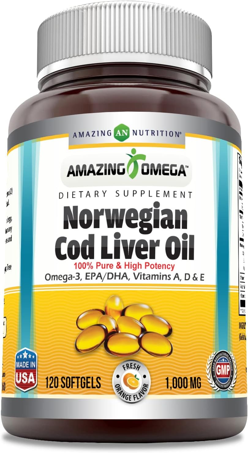 High-Quality Norwegian Cod Liver Oil Supplement with Omega-3, EPA/DHA | 1000 Mg Per Serving | 120 Softgels | Orange Flavor | Non-GMO | Gluten-Free | Made in USA