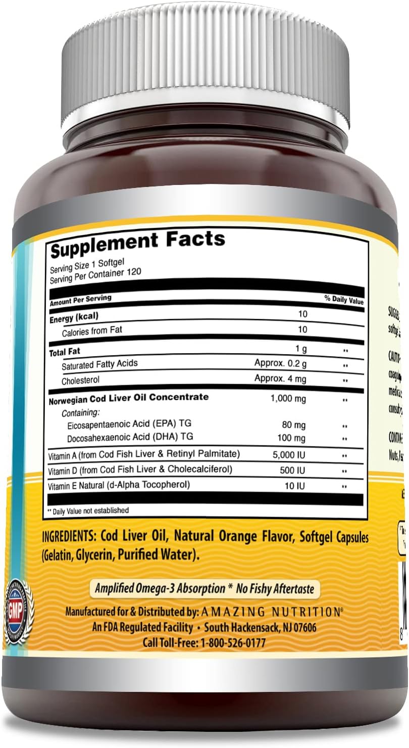 High-Quality Norwegian Cod Liver Oil Supplement with Omega-3, EPA/DHA | 1000 Mg Per Serving | 120 Softgels | Orange Flavor | Non-GMO | Gluten-Free | Made in USA