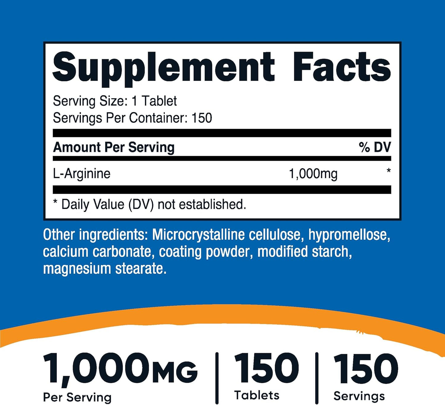 High Quality Nutricost L-Arginine 1000mg Amino Acid Tablets - 150 Count