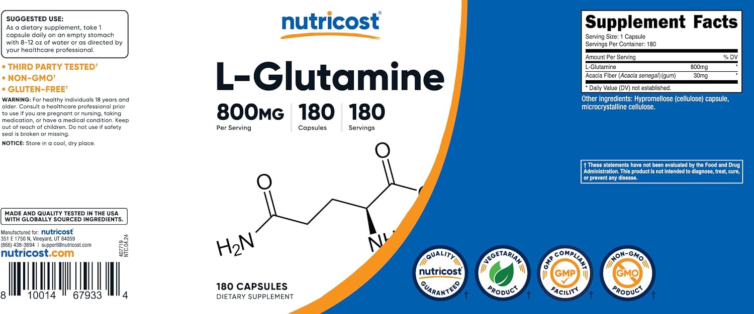High-Quality Nutricost L-Glutamine Capsules - 800mg, 180 Count - Gluten Free & Non-GMO Formula