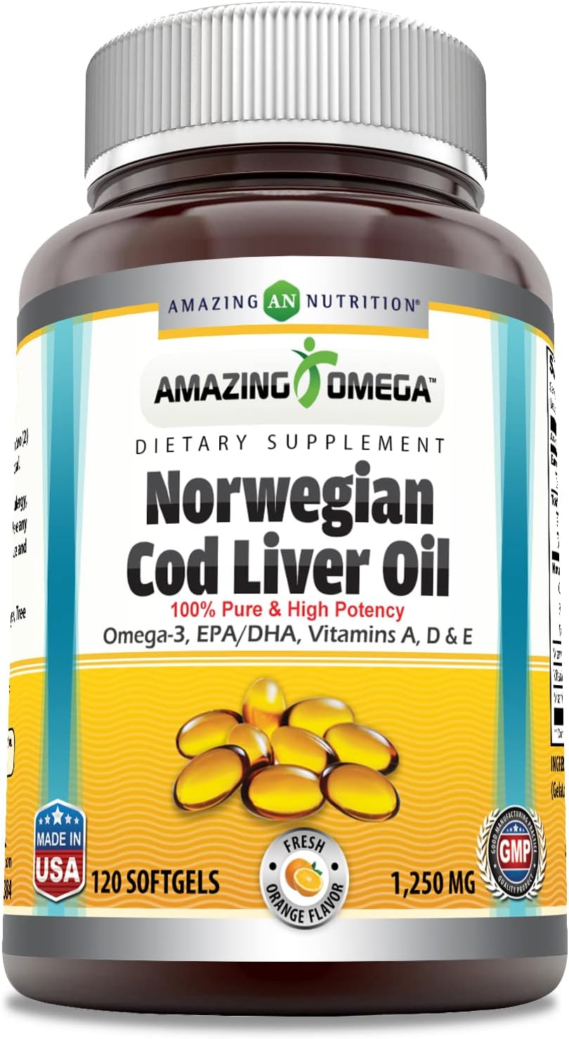 High-Quality Omega-3 Norwegian Cod Liver Oil Softgels - 1250mg, 120 Count, Fresh Orange Flavor - Amazing Nutrition