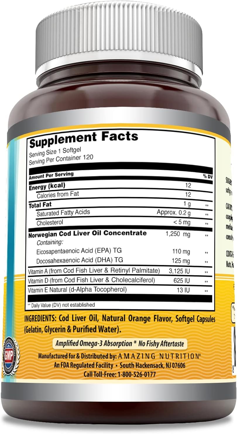 High-Quality Omega-3 Norwegian Cod Liver Oil Softgels - 1250mg, 120 Count, Fresh Orange Flavor - Amazing Nutrition