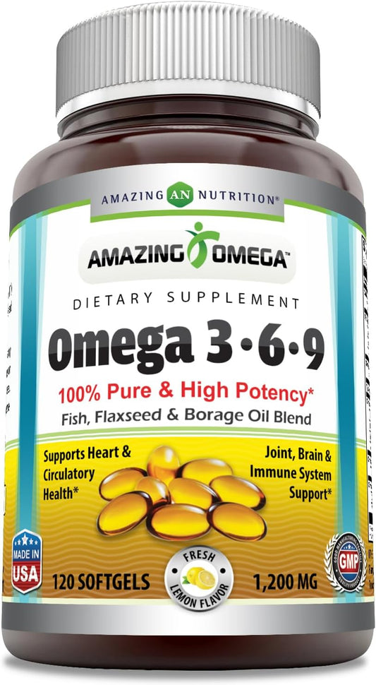 High-Quality Omega 3.6.9 Supplement Lemon Flavor Softgels - 1200mg, 120 Count - Non-GMO & Gluten-Free (USA Made)