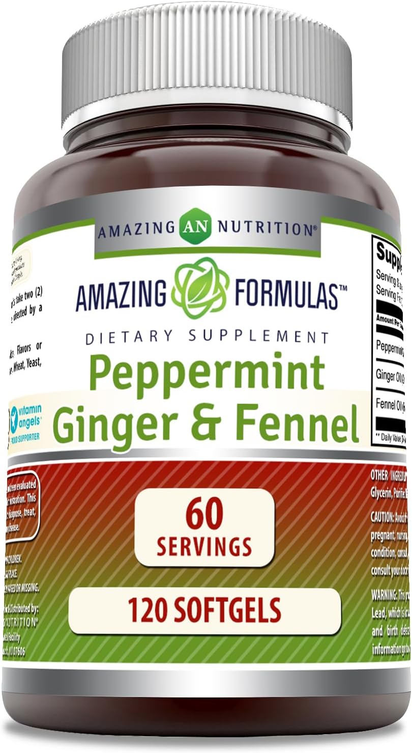 High-Quality Peppermint, Ginger, and Fennel Dietary Supplement Softgels - Non-GMO and Gluten-Free - 363mg - 120 Count