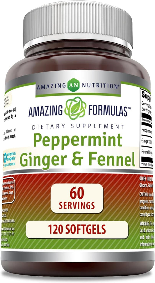 High-Quality Peppermint, Ginger, and Fennel Dietary Supplement Softgels - Non-GMO and Gluten-Free - 363mg - 120 Count