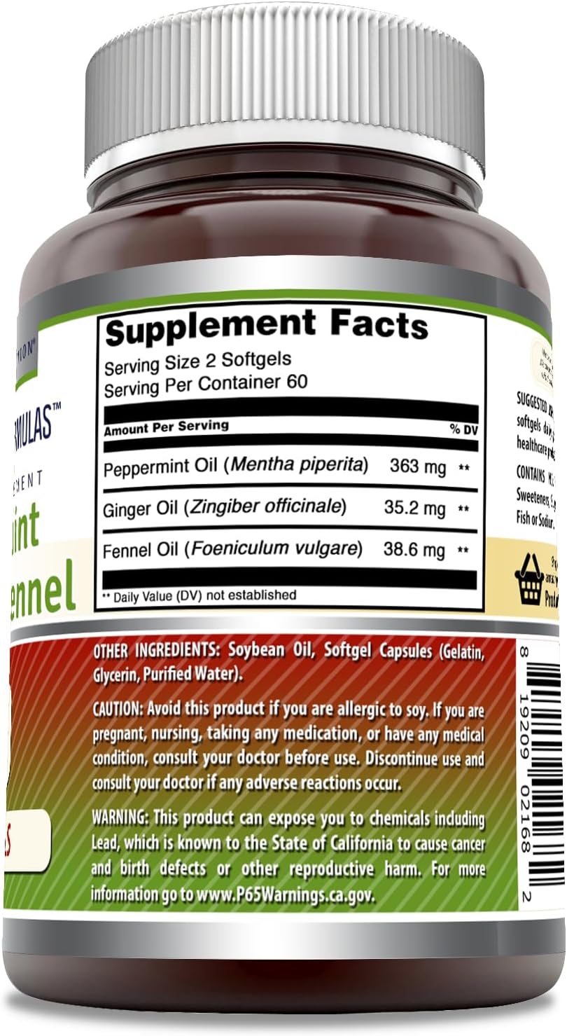 High-Quality Peppermint, Ginger, and Fennel Dietary Supplement Softgels - Non-GMO and Gluten-Free - 363mg - 120 Count