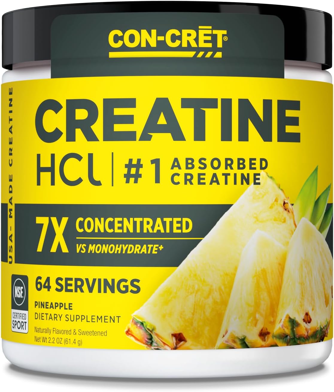 High-Quality Pineapple Flavored CON-CRET Creatine HCl Powder for Muscle, Cognitive, and Cellular Energy Support with No Bloating or Cramps - 64 Servings