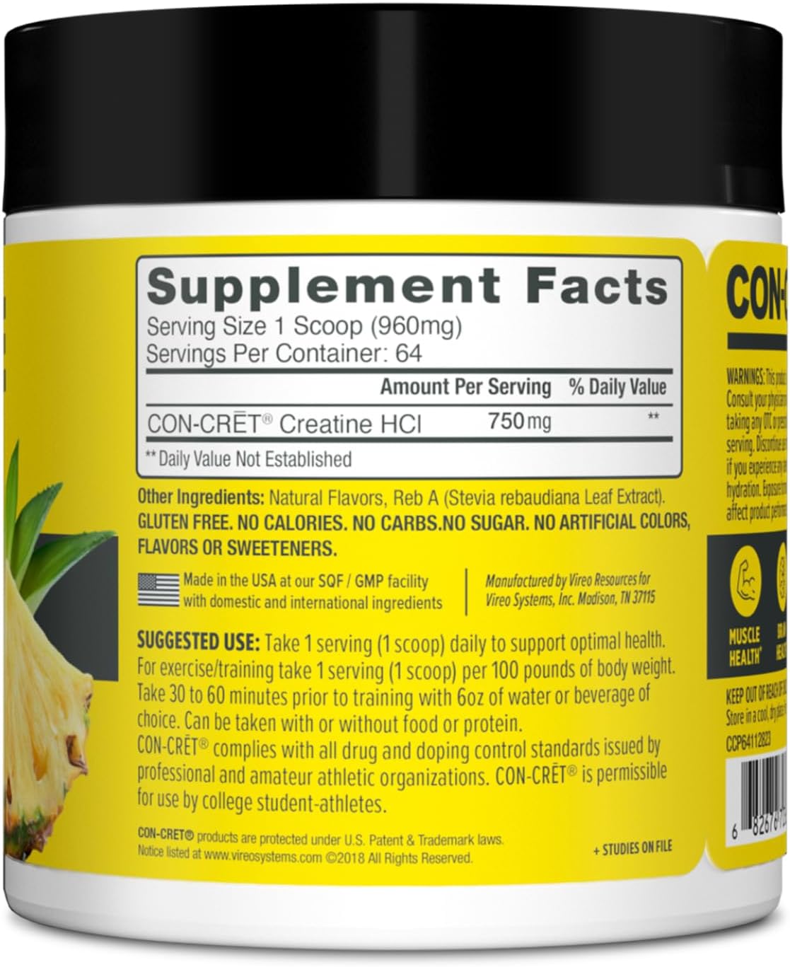 High-Quality Pineapple Flavored CON-CRET Creatine HCl Powder for Muscle, Cognitive, and Cellular Energy Support with No Bloating or Cramps - 64 Servings