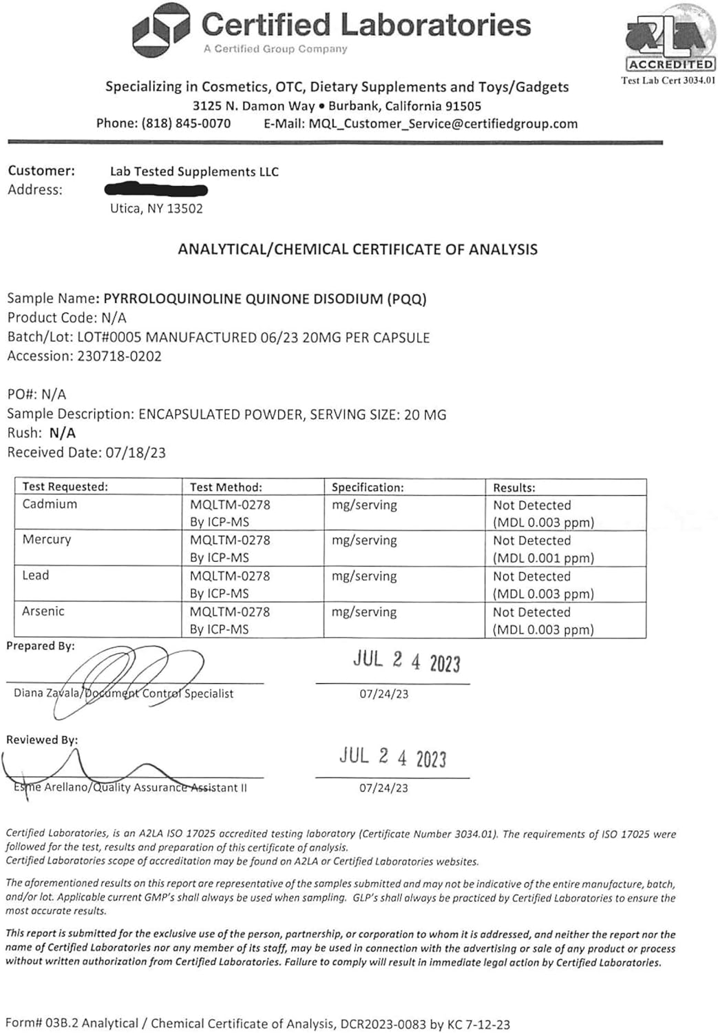 High-Quality PQQ Supplements: 120 Capsules, 20mg - Lab Tested with 3rd Party COA - 4 Month Supply