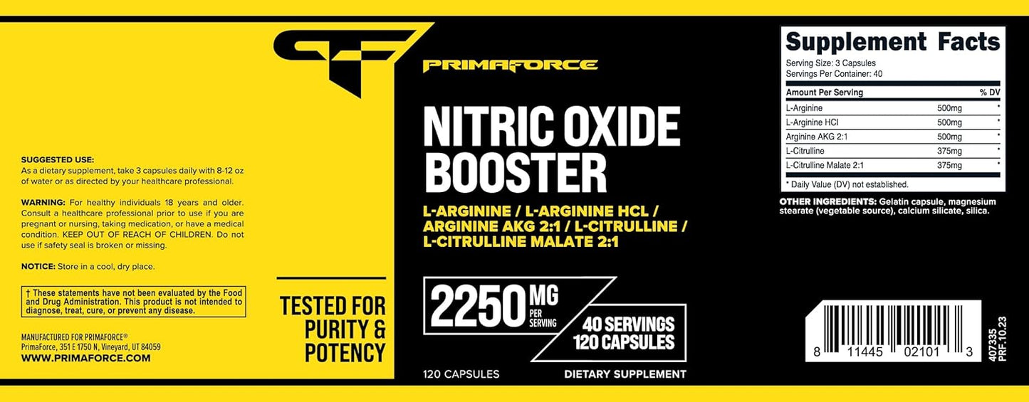 High-Quality Primaforce Nitric Oxide Booster - 2,250mg, 120 Capsules - Boost Nitric Oxide Levels for Pre and Post-Workout - 40 Servings