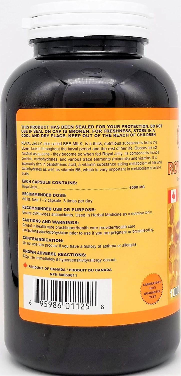 High-Quality Royal Jelly 1000mg Supplement - 250 Capsules - Made in Canada