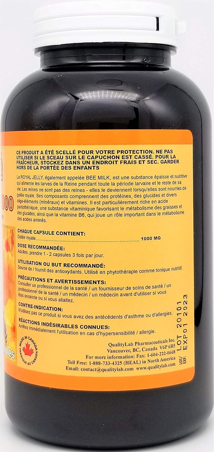 High-Quality Royal Jelly 1000mg Supplement - 250 Capsules - Made in Canada