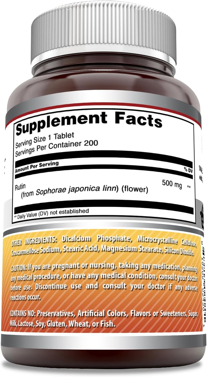 High Quality Rutin 500mg Supplement - 200 Tablets | Non-GMO, Gluten Free | Made in USA by Amazing Nutrition