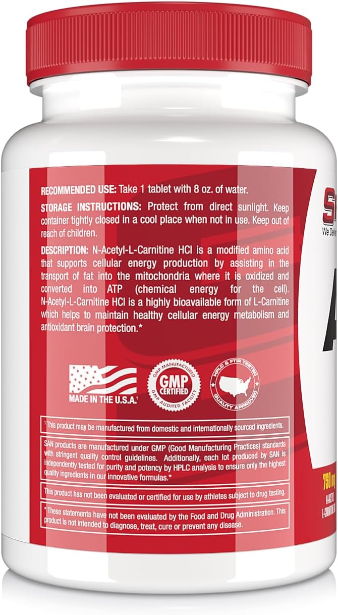 High-Quality SAN Nutrition Alcar 750 - Acetyl L-Carnitine for Energy, Focus, and Fat Burning 100 Servings