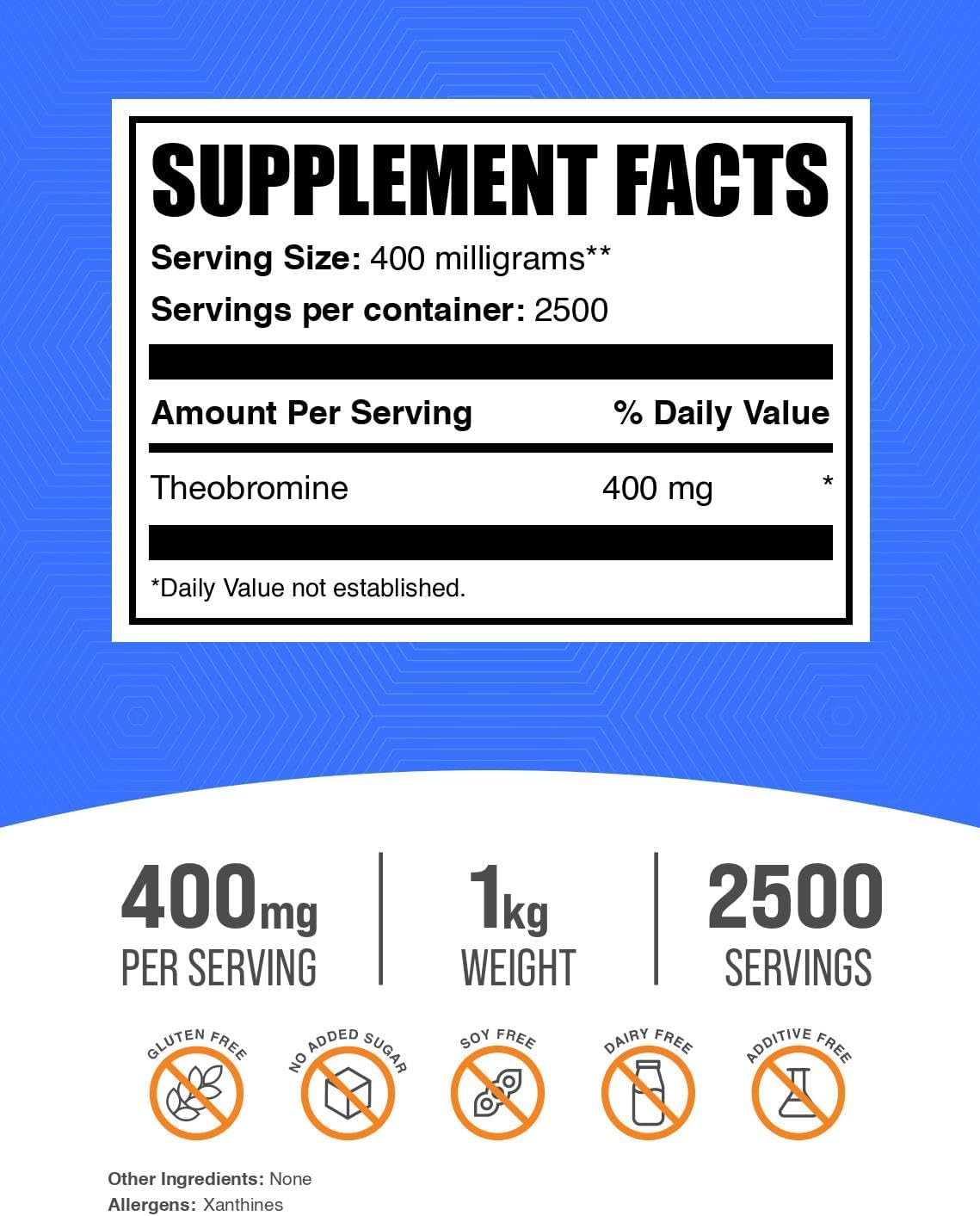 High Quality Theobromine Powder - Nootropic Energy Support Supplement - Gluten Free, 400mg per Serving, 1kg Size, 2500 Servings