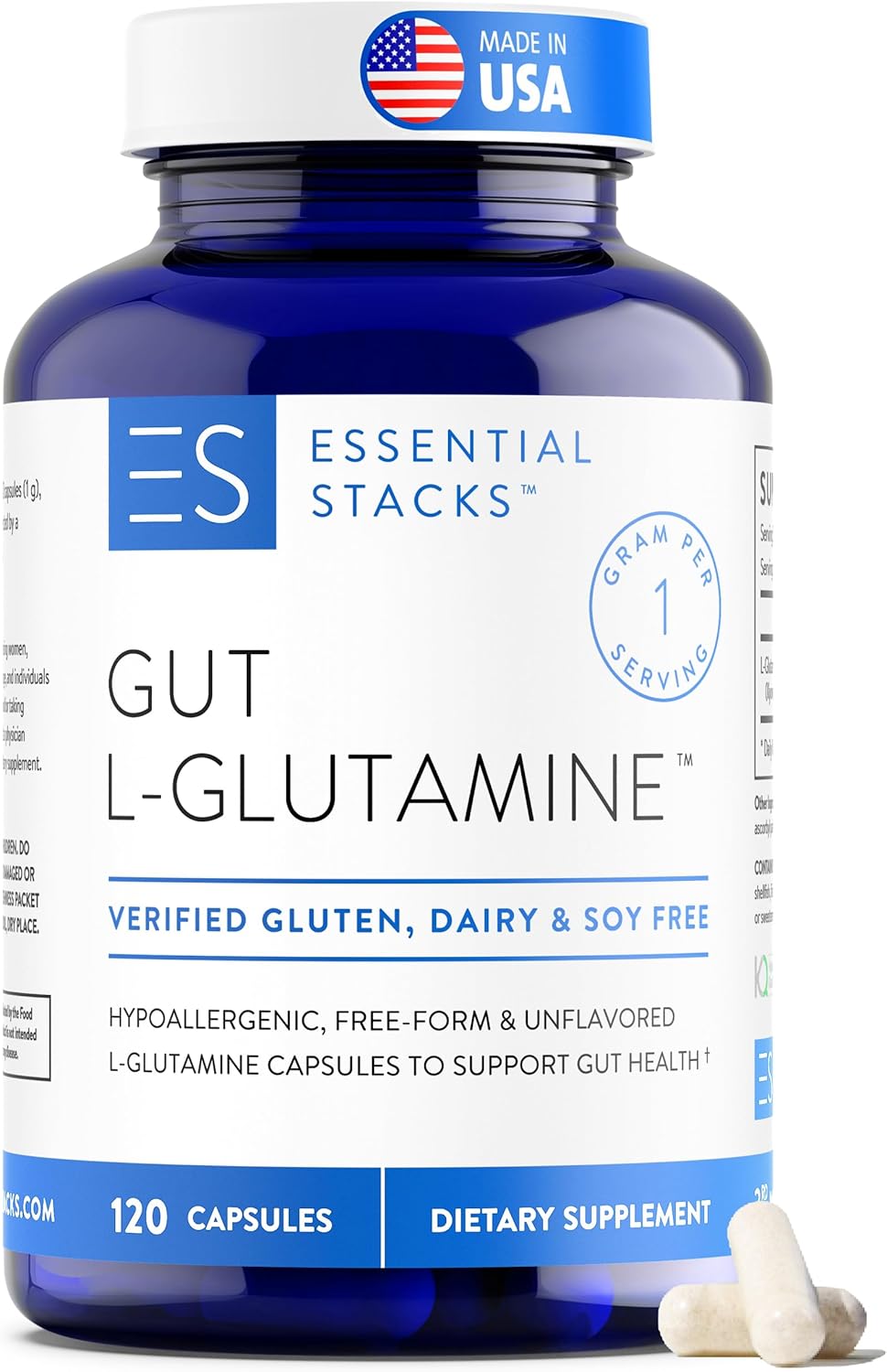 High-Quality USA-Made L-Glutamine Capsules for Gut Health - 1000mg, Gluten-Free, Dairy-Free, Non-GMO - 60 Servings