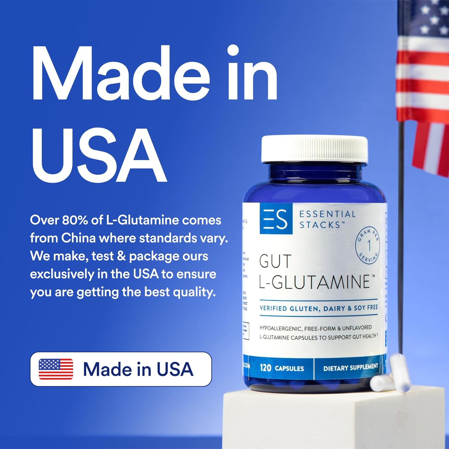 High-Quality USA-Made L-Glutamine Capsules for Gut Health - 1000mg, Gluten-Free, Dairy-Free, Non-GMO - 60 Servings