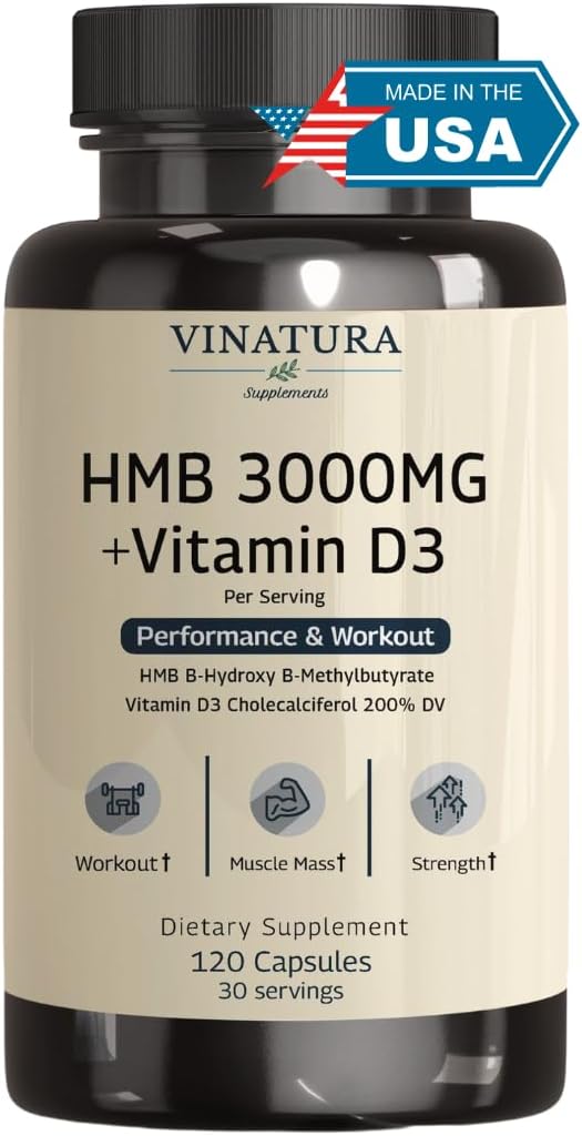 High-Quality USA-Made VINATURA HMB 3000mg & Vitamin D3 Capsules - Muscle Growth & Recovery Support - 120 Capsules, 30 Servings