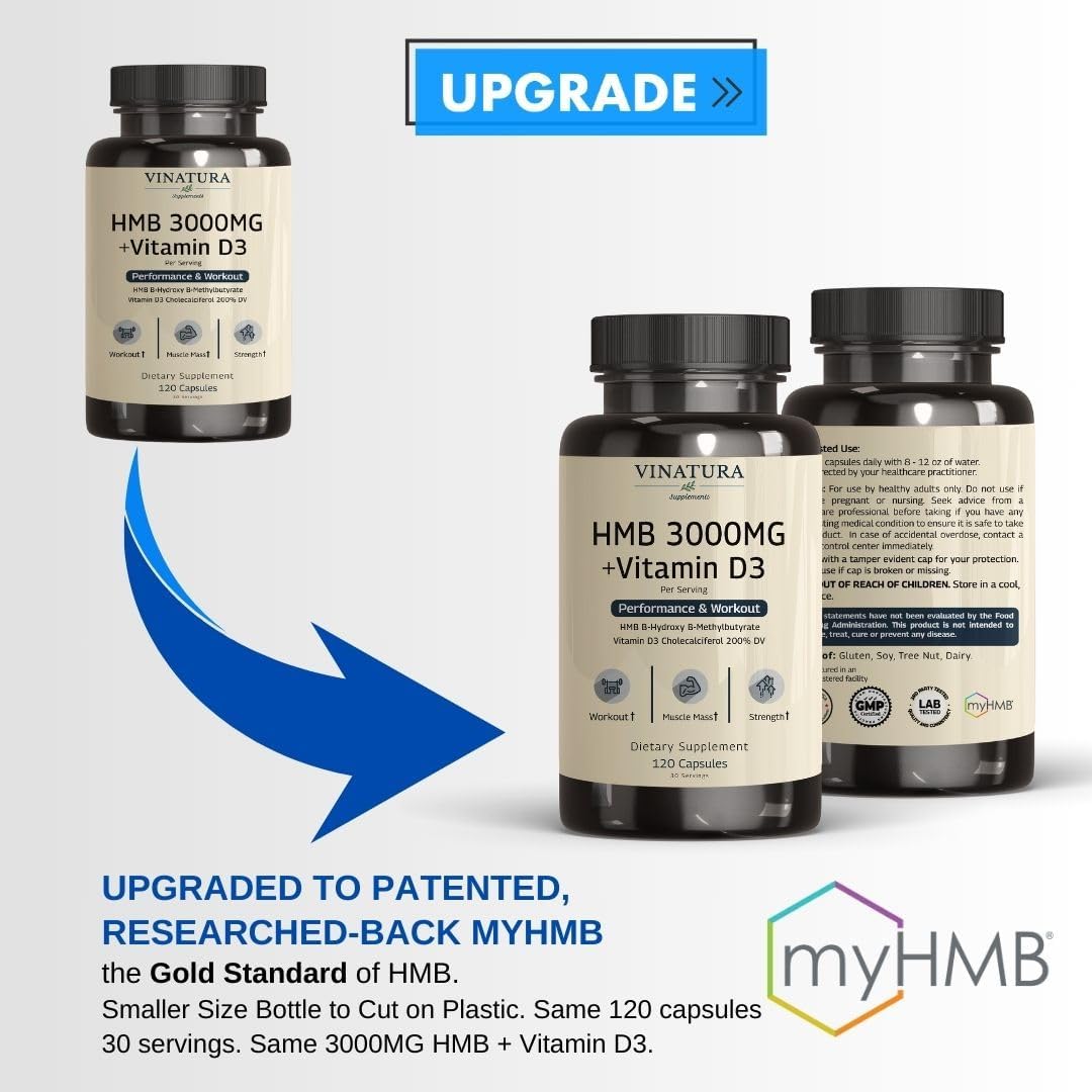 High-Quality USA-Made VINATURA HMB 3000mg & Vitamin D3 Capsules - Muscle Growth & Recovery Support - 120 Capsules, 30 Servings