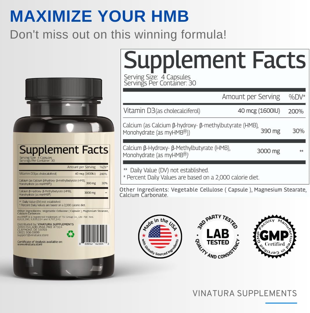 High-Quality USA-Made VINATURA HMB 3000mg & Vitamin D3 Capsules - Muscle Growth & Recovery Support - 120 Capsules, 30 Servings