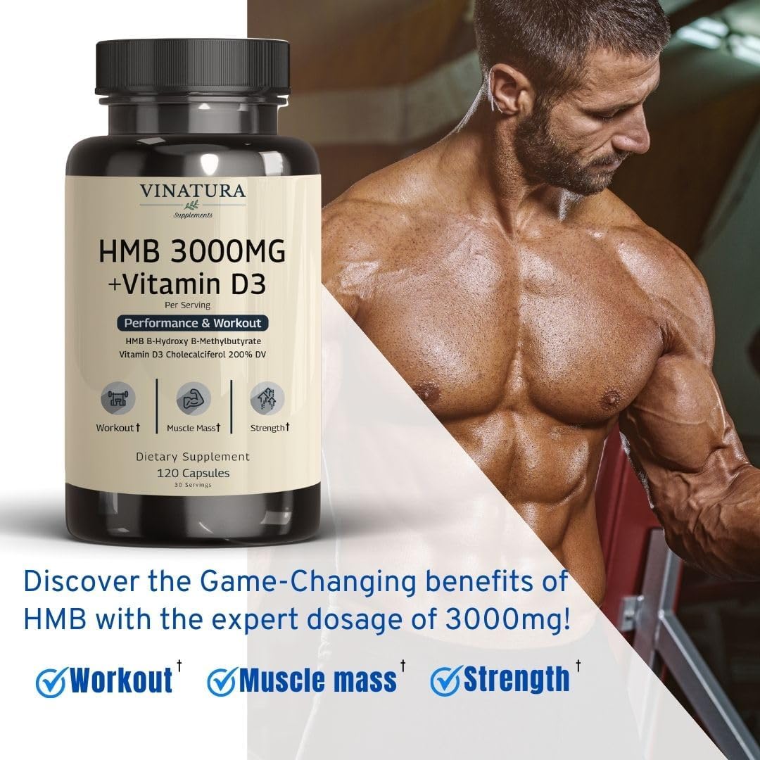 High-Quality USA-Made VINATURA HMB 3000mg & Vitamin D3 Capsules - Muscle Growth & Recovery Support - 120 Capsules, 30 Servings