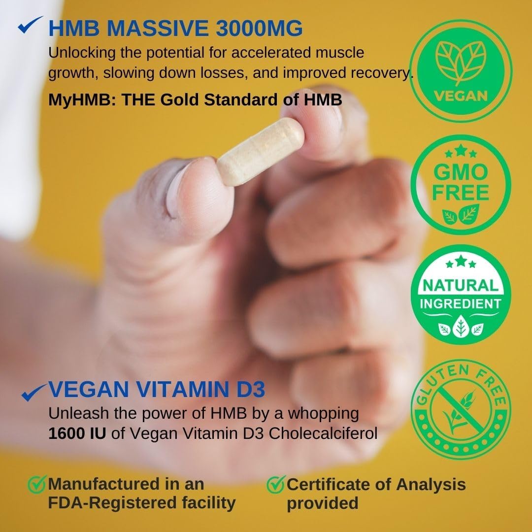 High-Quality USA-Made VINATURA HMB 3000mg & Vitamin D3 Capsules - Muscle Growth & Recovery Support - 120 Capsules, 30 Servings