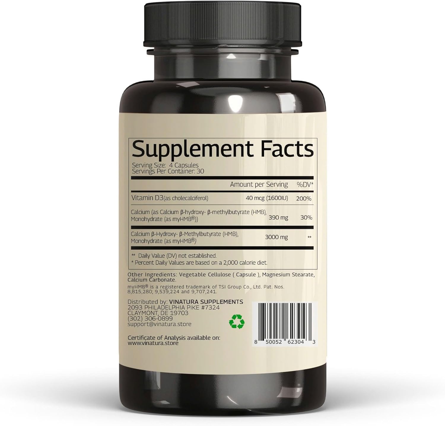 High-Quality USA-Made VINATURA HMB 3000mg & Vitamin D3 Capsules - Muscle Growth & Recovery Support - 120 Capsules, 30 Servings