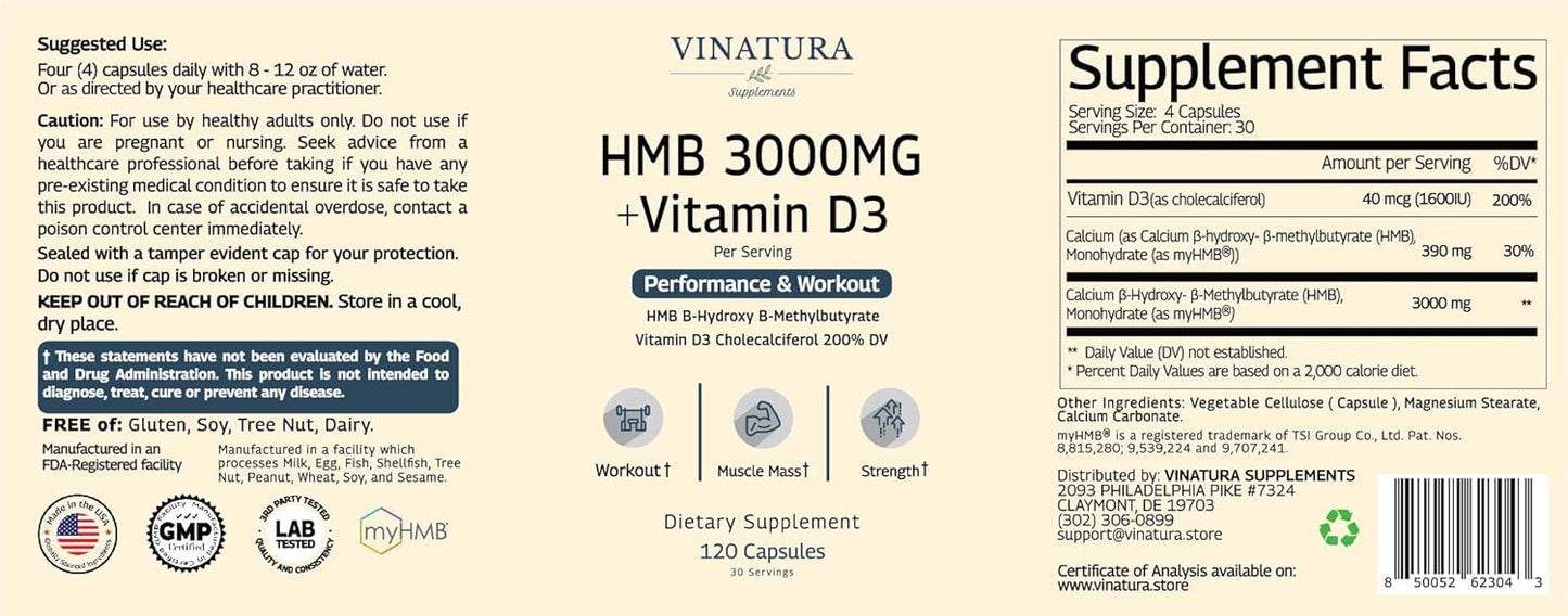 High-Quality USA-Made VINATURA HMB 3000mg & Vitamin D3 Capsules - Muscle Growth & Recovery Support - 120 Capsules, 30 Servings