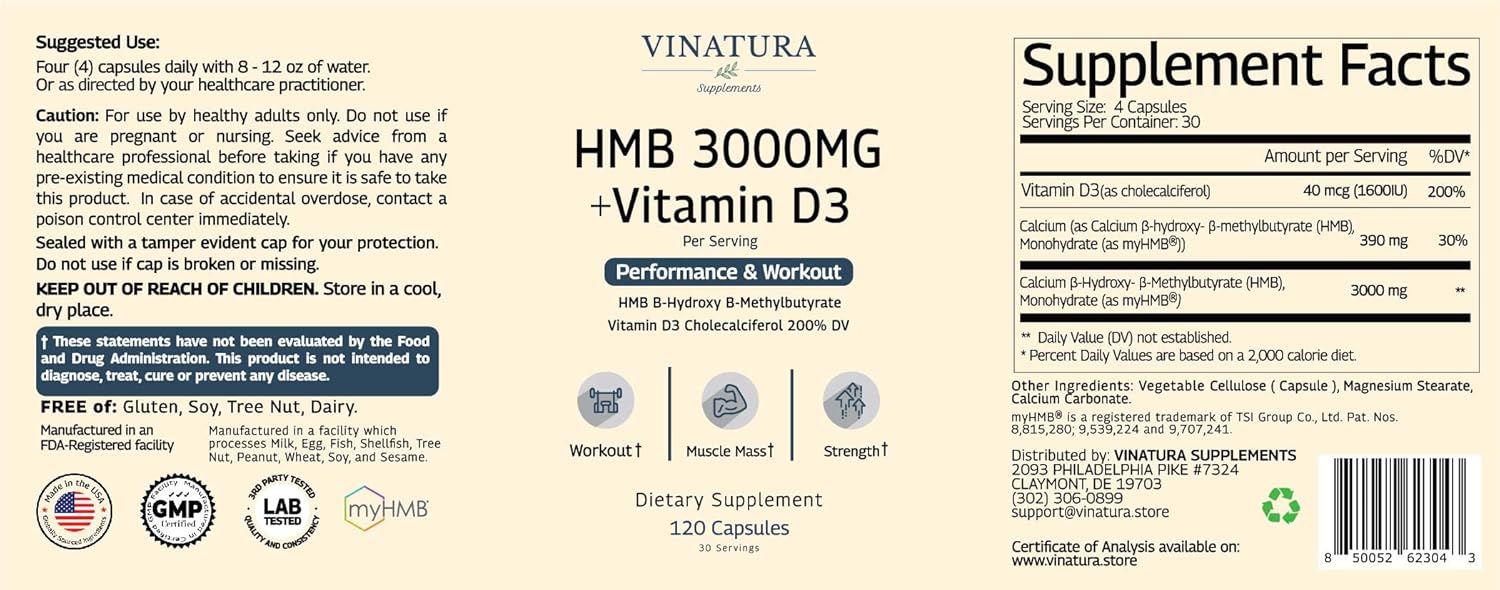 High-Quality USA-Made VINATURA HMB 3000mg & Vitamin D3 Capsules - Muscle Growth & Recovery Support - 120 Capsules, 30 Servings