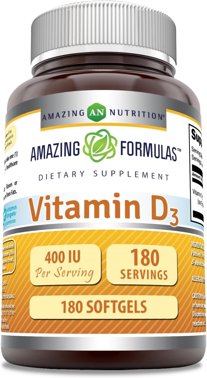High-Quality Vitamin D3 400 IU Softgels | 180 Count | Non-GMO & Gluten-Free | Made in USA by Amazing Nutrition
