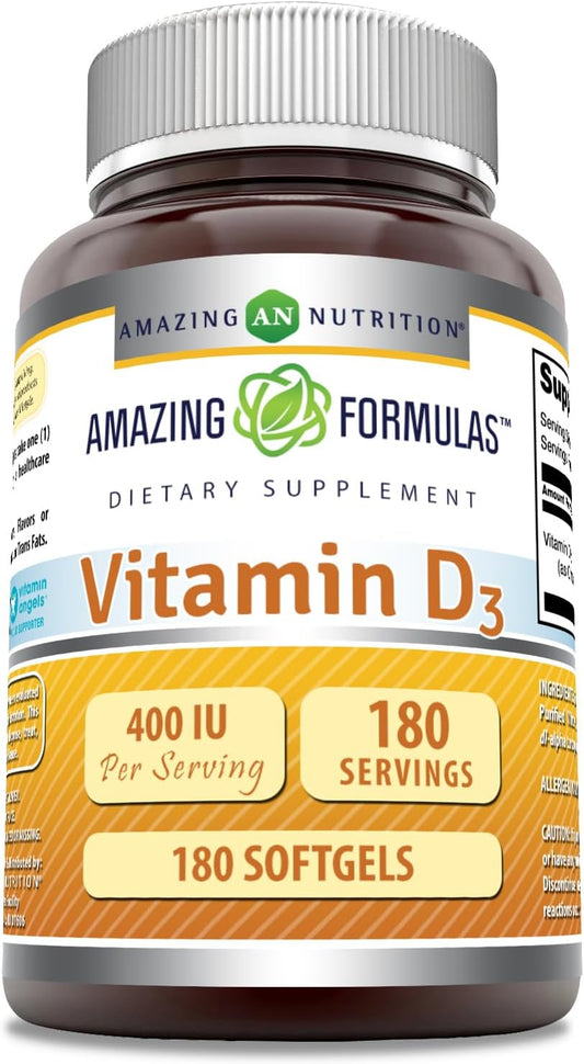 High-Quality Vitamin D3 400 IU Softgels | 180 Count | Non-GMO & Gluten-Free | Made in USA by Amazing Nutrition